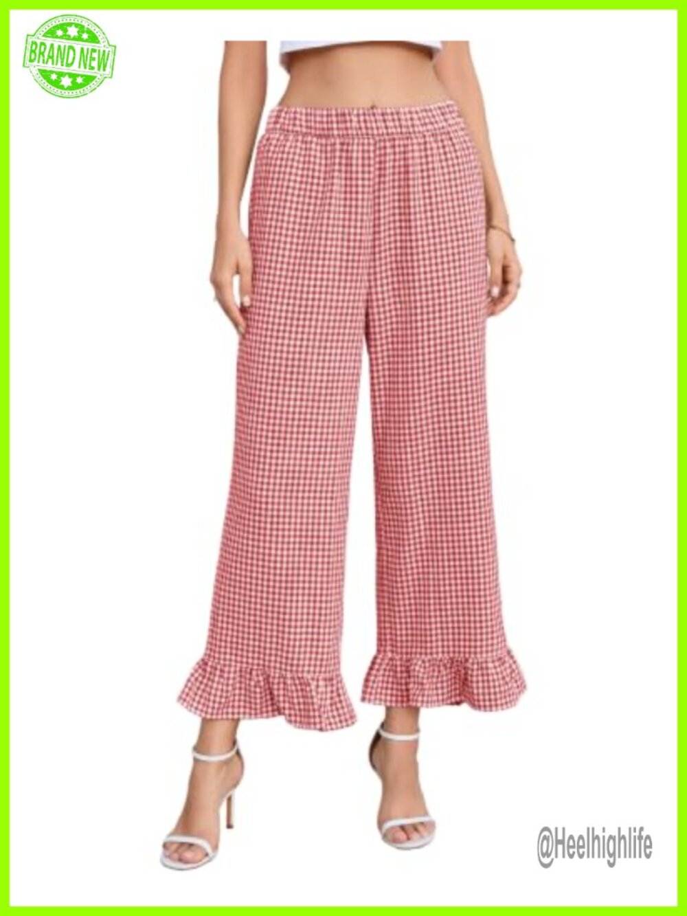 Gingham Wide Leg Pants High Waist Ruffle Hem Trousers